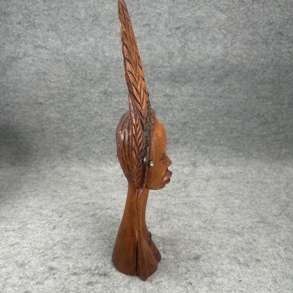 MCM VTG Afro-Caribbean Hand Carved Wood Woman Head Bust Sculpture Leaf Crown - Picture 4 of 7